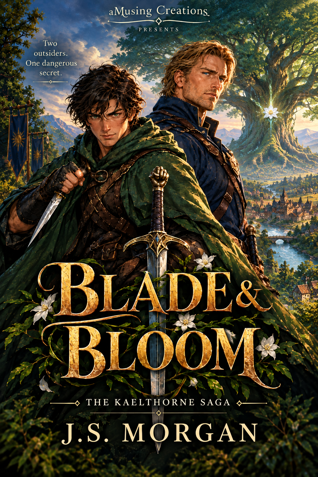 Blade & Bloom cover art — Kentero and Zamozek standing back to back before the Heartbloom tree